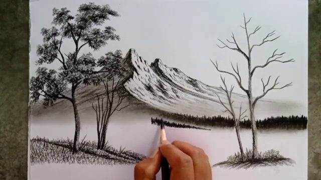 Mountain and trees landscape scenery drawing easy ways with pencil Nature drawing with pencil смотреть онлайн