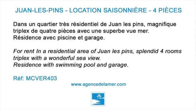 06160 Juan-les-Pins - Location de Vacances - 4 pièces vue Mer - Résidence avec piscine et garage смотреть онлайн
