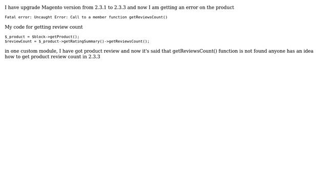 Magento: Magento 2.3.3 Fatal error: Uncaught Error: Call to a member function getReviewsCount() смотреть онлайн
