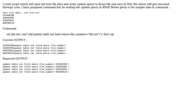 UNIX script to LPAD update query in cat file смотреть онлайн