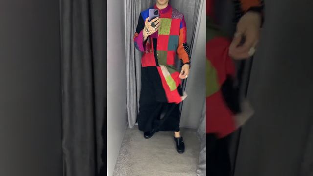 Пэчворк-туника с глубокими разрезами до талии и пуговицами с восточным воротником-стойкой