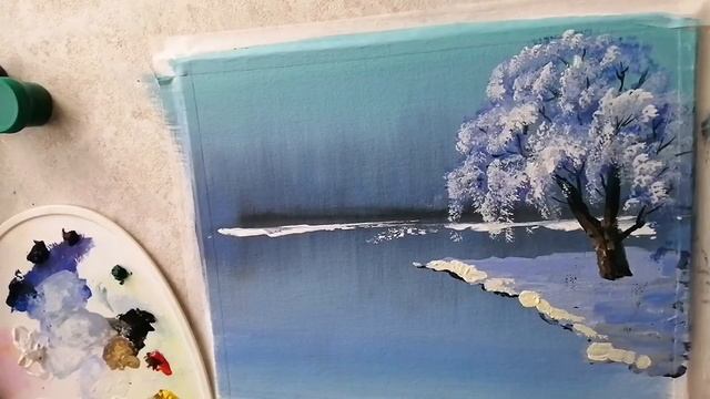 Рисуем иней гуашью. Зимний пейзаж с помощью малярной кисти. смотреть онлайн