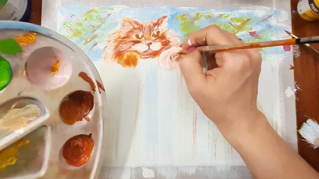 Как нарисовать мартовского кота гуашью. Кот на заборе красками. Кот охотник, поэтапно, гуашью. смотреть онлайн