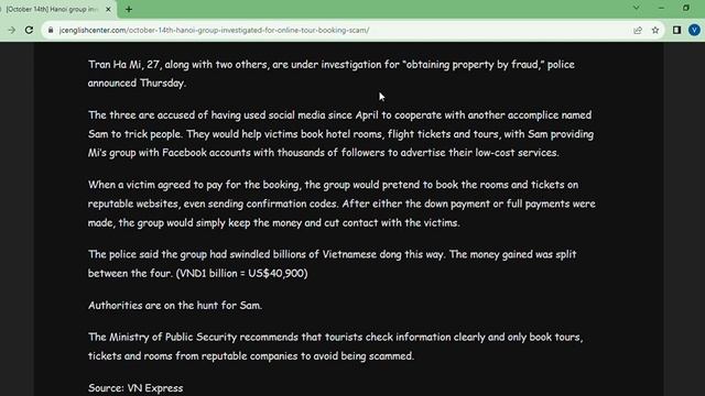 October 14th Hanoi group investigated for online tour booking scam – JC English Center Google Chr смотреть онлайн