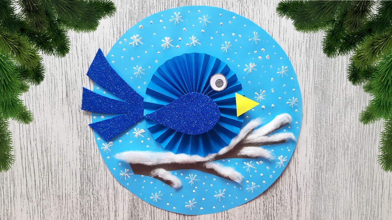 Аппликация на зимнюю тему "Птичка на ветке". Детские зимние аппликации из бумаги смотреть онлайн