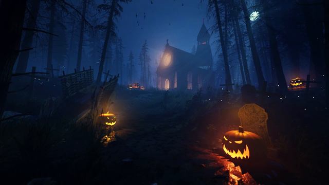 HAUNTED HOUSE - HAUNTED CHURCH - Scary Halloween Pumpkin Background Video With Scary Music.  4K
