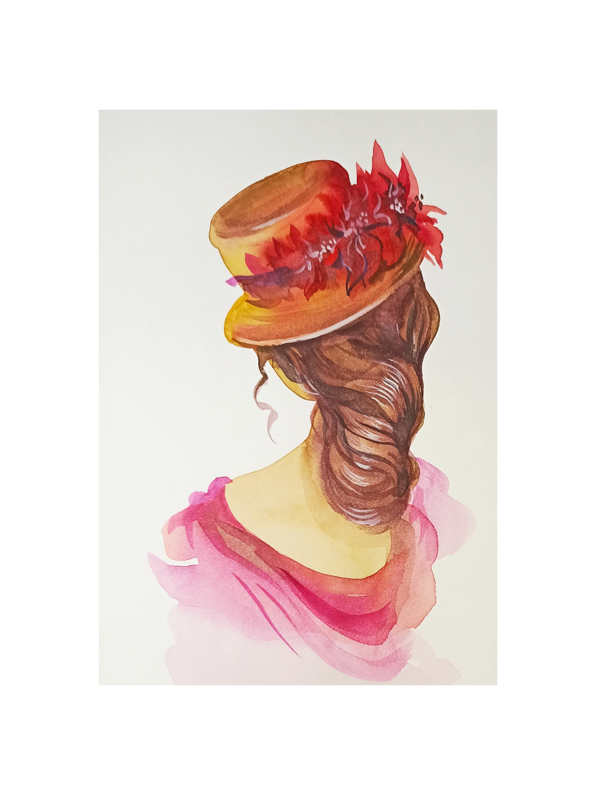 Девушка в шляпке с красными цветами - акварельный этюд. смотреть онлайн