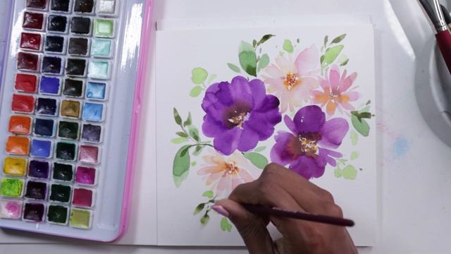 Pretty Purple Flowers with Daisies - Loose Watercolour Floral Tutorial Step-by-Step Live Painting смотреть онлайн