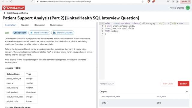 DataLemur - Patient Support Analysis (Part 2) [UnitedHealth SQL Interview Question] Solution смотреть онлайн