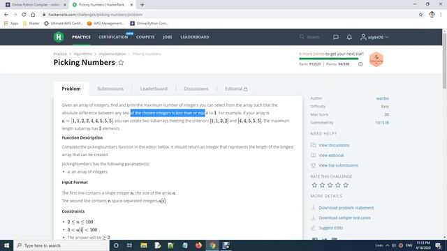 Hackerrank Picking Numbers Python Practice смотреть онлайн