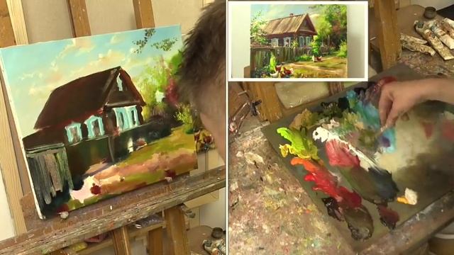 Деревенский дворик. Урок на двух холстах. Oil painting смотреть онлайн
