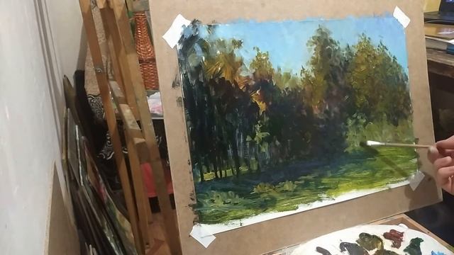 Пейзаж с соснами. Пишу в технике А ля прима. смотреть онлайн