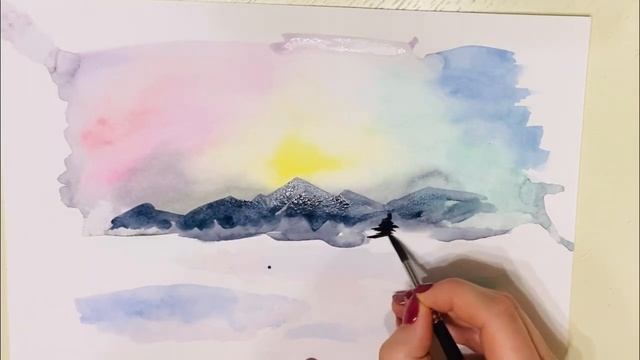 Урок рисования с нуля. Как легко нарисовать зиму. Горы и северное сияние акварелью смотреть онлайн