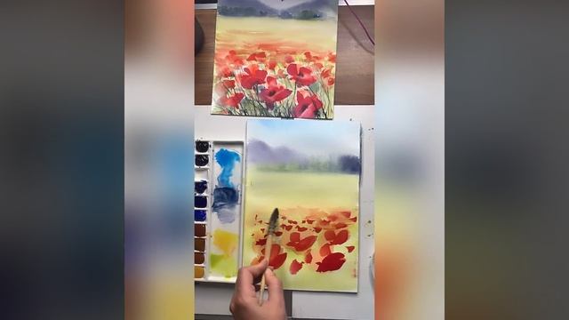 МК «маковое после» как рисовать пейзаж и маки акварелью. Watercolour смотреть онлайн