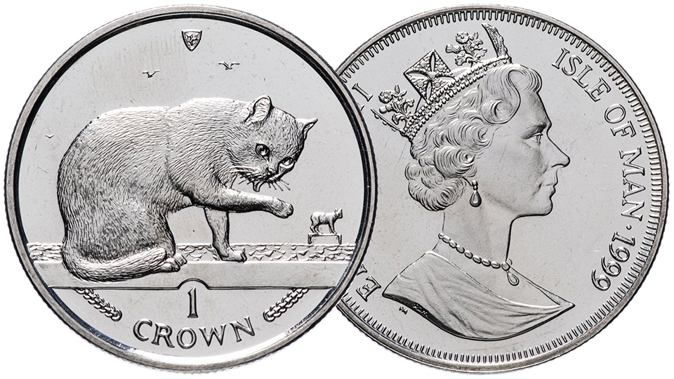 1 крона Острова Мэн 1999 года. Британская короткошёрстная кошка. смотреть онлайн