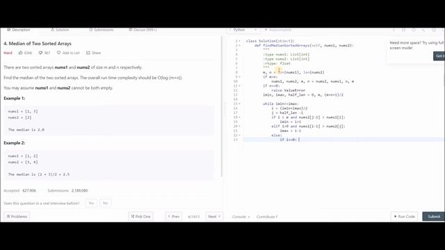 LeetCode - median of two sorted arrays - in python, 4# смотреть онлайн