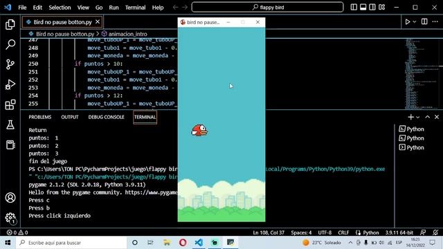 (Bird no pause botton) Prototype of flappy bird made in python. смотреть онлайн