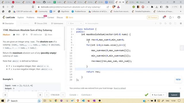 LeetCode | 1749. Maximum Absolute Sum of Any Subarray | Kadane Algorithm смотреть онлайн