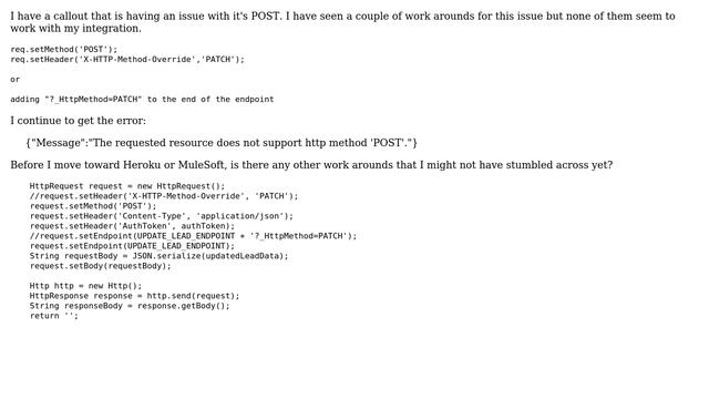 Salesforce: PATCH Issue - {"Message":"The requested resource does not support http method 'POST'."} смотреть онлайн