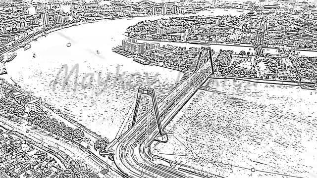 Sketch doodle style. Rotterdam, Netherlands. Williamsburg Suspension Bridge over the Nieuwe Maas Ri смотреть онлайн