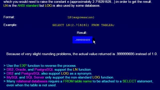 SQL 080 Numeric Scalar, LN, LOG or How can I get the Natural logarithm? смотреть онлайн
