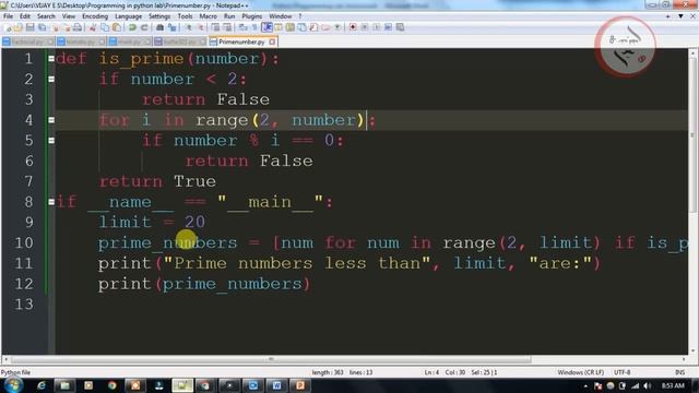 Python script that prints prime numbers less than 20 in Tamil | #Python_Practical_Code #python #cod смотреть онлайн