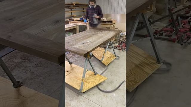Spraying A Coat Of Poly On This Walnut Bench And Tabletop #cabinetmaking #woodworking #buylocal