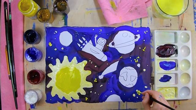 Как нарисовать космос - урок рисования для детей 4-10 лет. Дети рисуют гуашью поэтапно смотреть онлайн