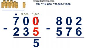 Письменное вычитание трехзначных чисел с двумя переходами через разряд, когда в уменьшаемом нули