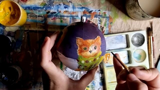 КОШКА и КОТЯТА |Гуашью на елочном шаре? смотреть онлайн