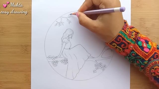 How to draw a girl sitting in a tree with pencil sketch//Step by step смотреть онлайн