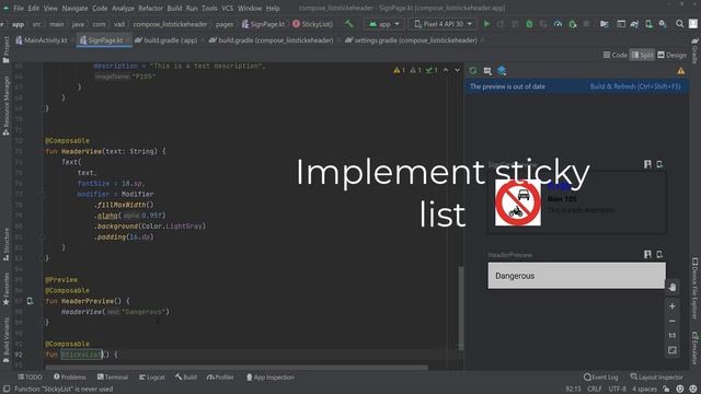 Jetpack compose - Ex #6 How to implement sticky header list view - 4k video смотреть онлайн