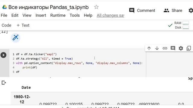 Все индикаторы технического анализа библиотеки Pandas ta в одной таблице #pandas_ta , #pythoncode смотреть онлайн