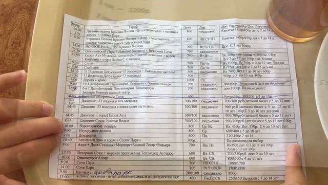 Цены в Столовых, Экскурсии, Массаж в Лоо, Сочи 2020