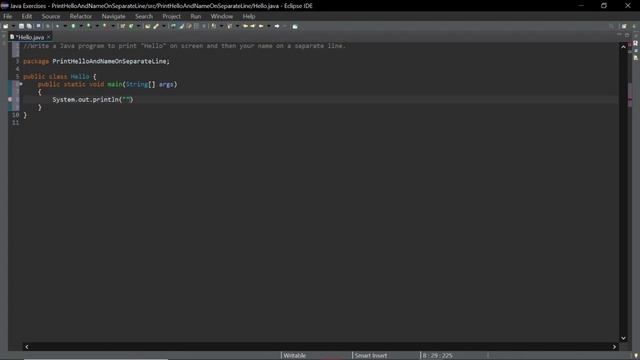 Write a Java Program to print 'Hello' on screen and then print your name on a separate line смотреть онлайн