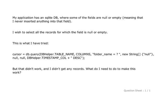 Android : Android sqlite - select records where field is null or empty смотреть онлайн