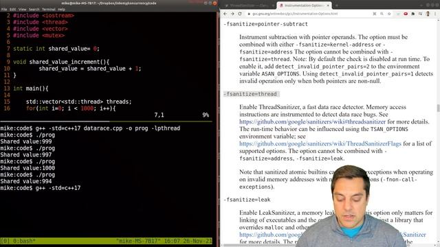 Example of gcc and clang thread sanitizer to detect data race - Introduction to Concurrency in C++ смотреть онлайн