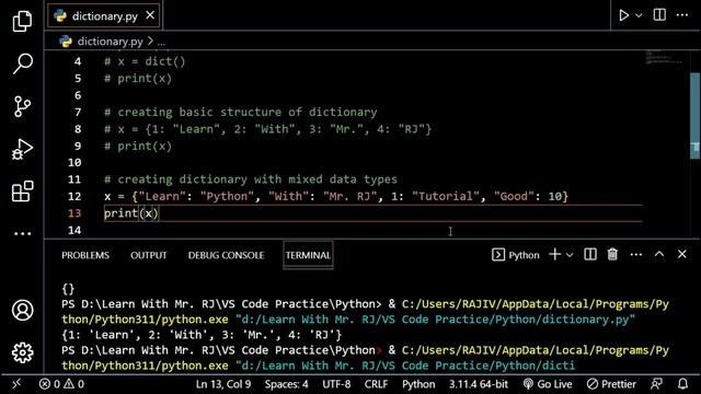 Data Types in Python Dictionary Practice Part 1(Empty, Mixed Data Type & Items Pair) @LearnWithMrRJ смотреть онлайн
