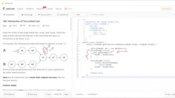 LeetCode Top Interview Questions Series |Intersection of Two Linked Lists | Java