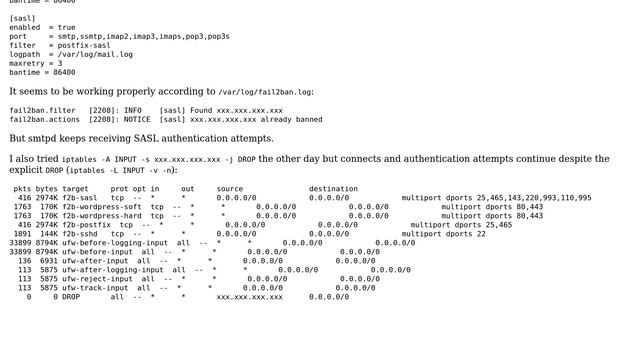 Postfix: fail2ban and iptables bans don't stop connections and authentication attempts смотреть онлайн