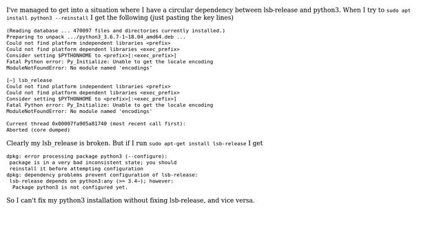 Unix & Linux: circular dependency between lsb-release and python3 (ubuntu 18.04) смотреть онлайн