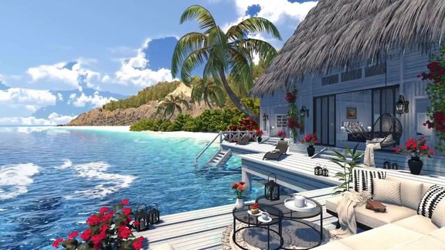 Maldives Beach House | Day & Sunset Ambience | Ocean Waves & Tropical Nature Sounds смотреть онлайн