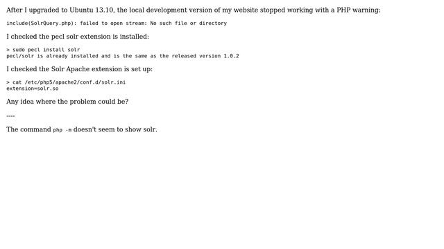 Ubuntu: Can't use PHP extension Solr in Ubuntu 13.10 (Apache) смотреть онлайн