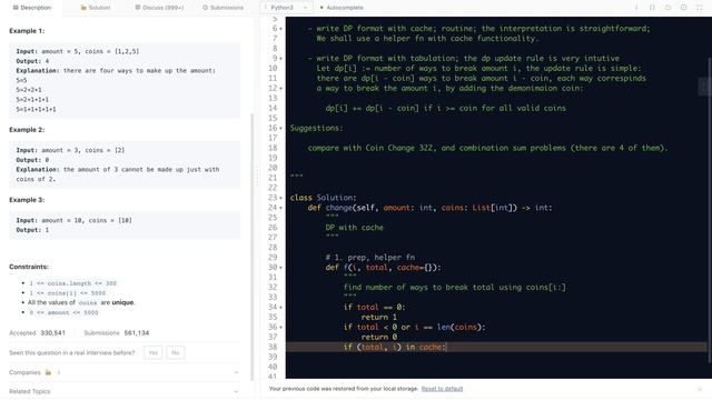 Leetcode 518. Coin Change 2 - practice of DP with or without cache смотреть онлайн