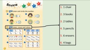 Kid's Box Starter - Review - Unit 1, 2, 3, and 4 - 2 - Listen, count and colour.