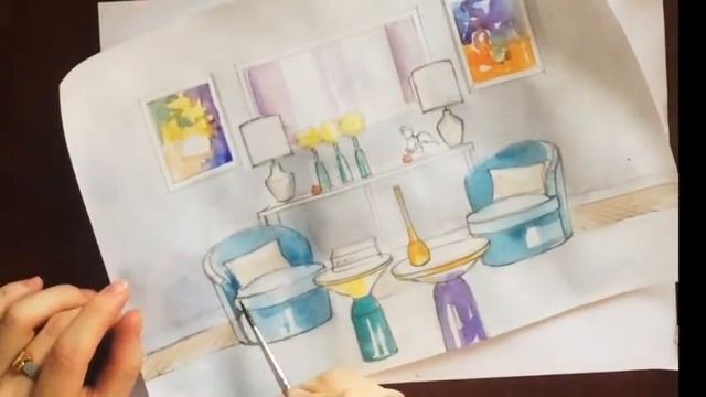 Эскиз гостиной акварелью и маркерами. the living room sketch watercolor and markers смотреть онлайн