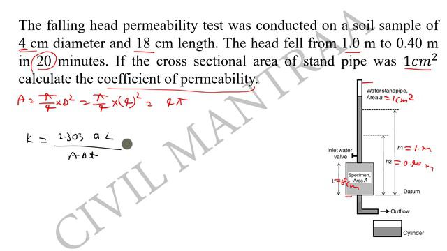 The falling head permeability test was conducted on a soil sample of 4 cm diameter and 18 cm length смотреть онлайн