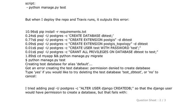 Django : Travis: "Got an error creating the test database: permission denied to create database" смотреть онлайн