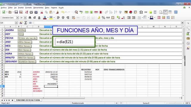 Tutorial LibreOffice Calc - 17/34 Funciones (VII): AHORA, HOY, FECHA, AÑO, MES, DÍA, HORA, etc. смотреть онлайн