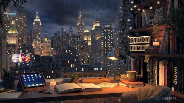 New York Manhattan View Study Room Ambience With Distant Thunderstorm Rain Sounds